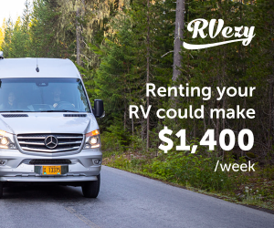 RV parked on a forest road with earning potential highlighted